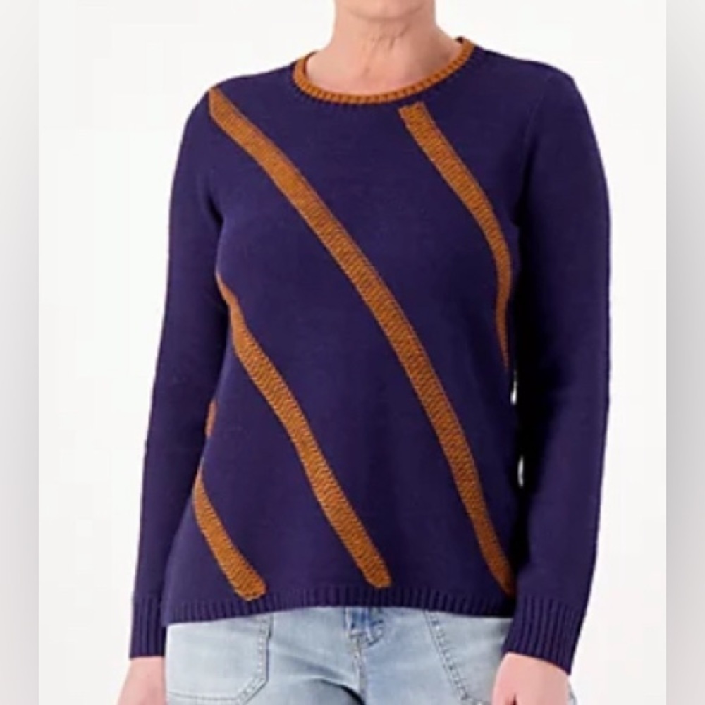 NEW - LOGO by Lori Goldstein Colorblocked Crew Neck Sweater A605510. Navy/Adobe